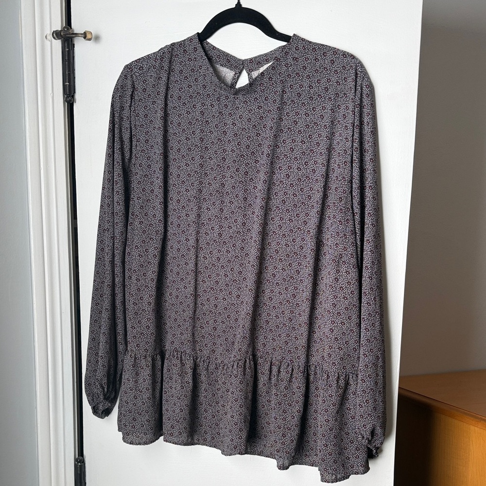 LOFT Black Patterned Ruffle Blouse - image 1